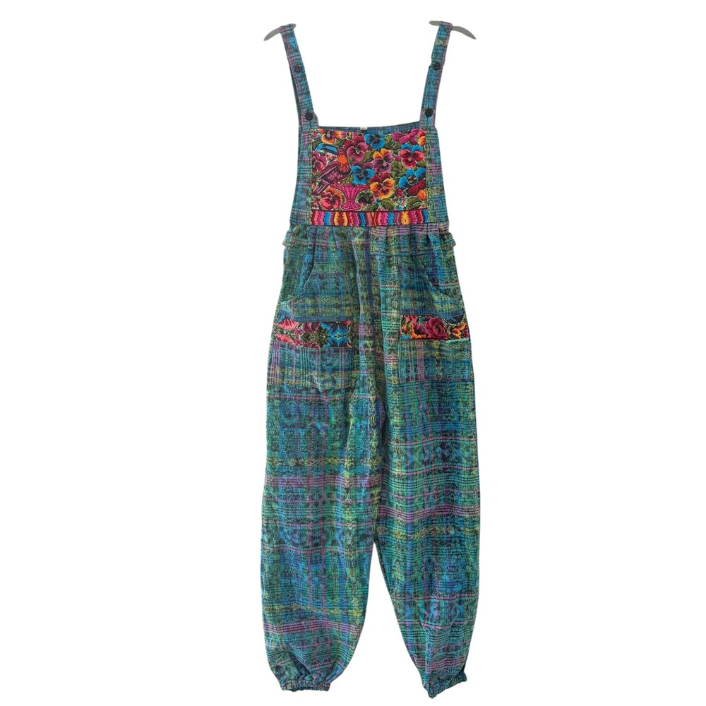 Vintage Artisan Embroidered Floral Bird Overalls Teal Plaid Boho Jumpsuit Large